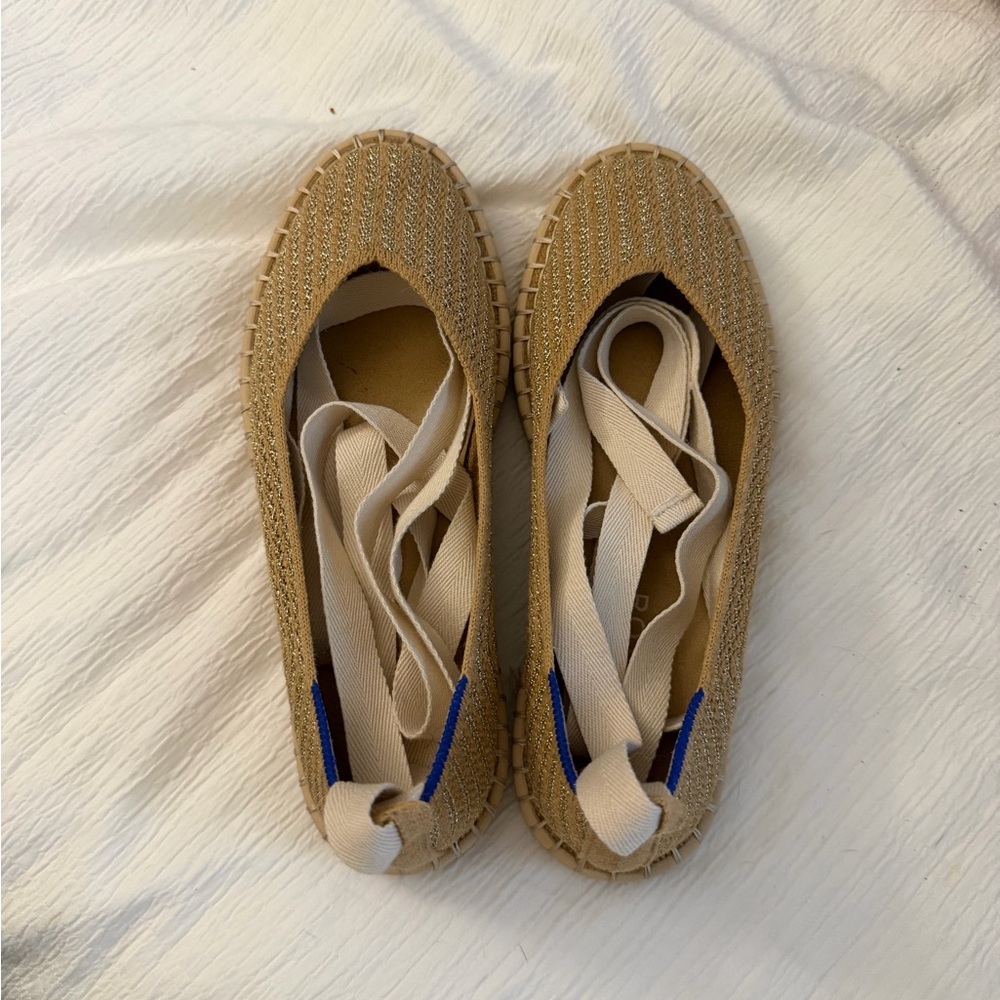 Rothy's Beige Espadrille Ballet Flats with Cream Ties and Blue Heel Tab